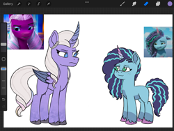 Size: 2048x1536 | Tagged: safe, artist:dyonys, screencap, misty brightdawn, opaline arcana, alicorn, pony, unicorn, g5, growing pains, my little pony: make your mark, my little pony: make your mark chapter 2, portrait of a princess, spoiler:g5, spoiler:my little pony: make your mark, spoiler:my little pony: make your mark chapter 2, spoiler:mymc02e02, spoiler:mymc02e03, curved horn, female, freckles, horn, mare, procreate app, redesign, sketch, unshorn fetlocks