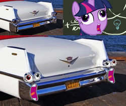 Size: 640x540 | Tagged: safe, edit, edited screencap, screencap, twilight sparkle, alicorn, pony, best gift ever, g4, 1950s, cadillac, caption, car, chalkboard, comparison, cursed image, derp, faic, female, image macro, irl, license plate, mare, meme, not salmon, open mouth, photo, pudding face, solo, text, trollface, twilight sparkle (alicorn), twilight sparkle is best facemaker, twilynanas, wat, why, wtf