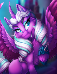 Size: 2550x3300 | Tagged: safe, artist:mychelle, opaline arcana, alicorn, pony, g5, spoiler:g5, spoiler:my little pony: make your mark, curved horn, eyebrows, eyeshadow, female, grin, high res, horn, looking at you, makeup, mare, raised hoof, signature, smiling, smiling at you, spread wings, watermark, wings