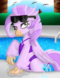Size: 3000x3885 | Tagged: safe, artist:princessmoonsilver, oc, oc:coral whirlwind, classical hippogriff, hippogriff, clothes, drink, drinking straw, female, high res, hippogriff oc, smiling, solo, sunglasses, swimming pool, swimsuit
