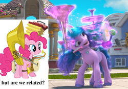 Size: 1046x726 | Tagged: safe, edit, screencap, izzy moonbow, pinkie pie, earth pony, pony, unicorn, g4, g5, have you seen this dragon?, my little pony: make your mark, my little pony: make your mark chapter 2, spoiler:g5, spoiler:my little pony: make your mark, spoiler:my little pony: make your mark chapter 2, spoiler:mymc02e08, accordion, banjo, coincidence i think not, cymbals, drums, glowing, glowing horn, harmonica, horn, magic, male, musical instrument, one man band, reference to another series, solo, sousaphone, tambourine, telekinesis, the new pinkie pie, tuba