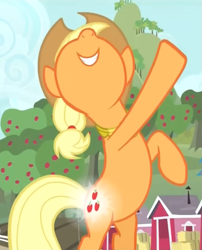 Size: 579x717 | Tagged: safe, screencap, applejack, magical mystery cure, bipedal, cropped, glowing cutie mark, smiling, solo