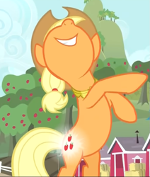 Size: 597x703 | Tagged: safe, screencap, applejack, magical mystery cure, bipedal, cropped, glowing cutie mark, smiling, solo