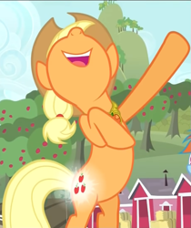 Size: 605x721 | Tagged: safe, screencap, applejack, magical mystery cure, bipedal, cropped, element of honesty, glowing cutie mark, open mouth, solo