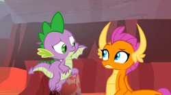 Size: 1600x898 | Tagged: safe, screencap, smolder, spike, dragon, g4, sweet and smoky, dragoness, duo, female, male, raised eyebrow, winged spike, wings