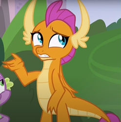 Size: 779x784 | Tagged: safe, screencap, smolder, spike, dragon, father knows beast, g4, confused, cropped, dragoness, female, looking up, offscreen character, solo focus