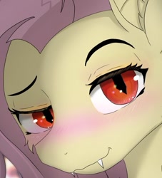 Size: 617x679 | Tagged: safe, artist:dashy21, fluttershy, bat pony, pony, g4, bat ponified, blushing, cute, fangs, female, flutterbat, looking at you, mare, race swap, raised eyebrow, slit pupils, smiling, solo