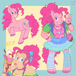 Size: 2000x2000 | Tagged: dead source, safe, artist:tashidelashi, pinkie pie, human, pony, anthro, unguligrade anthro, g4, beads, bow, bracelet, cutie mark on human, ear piercing, earring, female, food, hair bow, high res, humanized, ice cream, jewelry, kandi, mare, necklace, one eye closed, peace sign, piercing, ponytail, purse, smiling, tongue out, unshorn fetlocks, wink