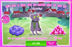 Size: 1958x1295 | Tagged: safe, gameloft, idw, razey, diamond dog, g4, my little pony: magic princess, advertisement, choker, clothes, collar, costs real money, dog collar, english, gem, green eyes, idw showified, introduction card, magic coins, male, pocket, sale, saw, solo, text, vest