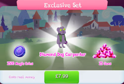 Size: 1267x861 | Tagged: safe, gameloft, idw, razey, diamond dog, g4, my little pony: magic princess, bundle, choker, clothes, collar, costs real money, dog collar, english, gem, green eyes, idw showified, magic coins, male, pocket, sale, solo, text, vest