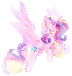 Size: 1568x1665 | Tagged: safe, artist:damayantiarts, princess cadance, alicorn, pony, g4, curved horn, female, flying, glowing, glowing eyes, horn, mare, solo, sparkles, spread wings, wings