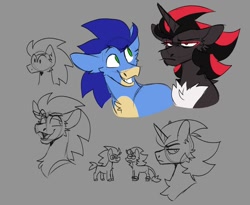 Size: 1220x1000 | Tagged: safe, artist:rockin_candies, earth pony, pony, unicorn, chest fluff, male, open mouth, open smile, ponified, shadow the hedgehog, sketch, smiling, sonic the hedgehog, sonic the hedgehog (series), unamused
