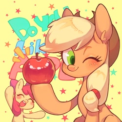Size: 2600x2600 | Tagged: safe, artist:ikirunosindo, apple bloom, applejack, earth pony, pony, g4, adorabloom, apple, apple sisters, blushing, cute, duo, ear fluff, female, filly, foal, food, freckles, high res, jackabetes, looking at you, mare, one eye closed, siblings, simple background, sisters, sparkles, wink, winking at you