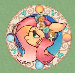 Size: 2976x2904 | Tagged: safe, artist:ikirunosindo, fluttershy, pegasus, pony, g4, bust, female, floral head wreath, flower, high res, lidded eyes, mare, profile, smiling, solo