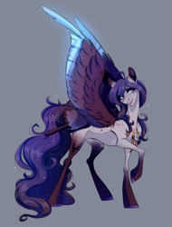 Size: 2537x3333 | Tagged: safe, artist:1an1, oc, oc only, oc:elysia, pegasus, pony, blushing, colored wings, concave belly, female, gray background, high res, mare, multicolored wings, open mouth, open smile, pegasus oc, raised hoof, simple background, slender, smiling, solo, spread wings, thin, wings