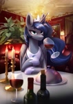 Size: 1447x2039 | Tagged: safe, artist:glumarkoj, princess luna, alicorn, pony, alcohol, blushing, bottle, candle, chest fluff, date, dinner, female, looking at you, mare, offscreen character, pov, restaurant, solo, sweet dreams fuel, wine, wine bottle, wineglass