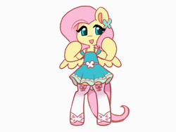 Size: 690x518 | Tagged: safe, artist:oofycolorful, fluttershy, pegasus, semi-anthro, animated, bipedal, clothes, cute, dancing, dress, equestria girls outfit, female, gif, looking at you, mare, shyabetes, simple background, skirt, socks, solo, thigh highs, white background, wings, zettai ryouiki