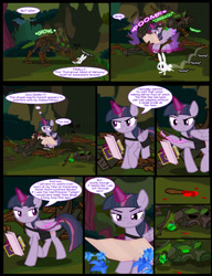 Size: 1042x1358 | Tagged: safe, artist:dendoctor, angel bunny, mean twilight sparkle, alicorn, pony, rabbit, timber wolf, comic:clone.., g4, alternate universe, animal, blood, book, clone, comic, everfree forest, female, flower, friendship journal, glowing, glowing horn, horn, magic, mare, poison joke, telekinesis, teleportation, thorn, twilight sparkle (alicorn)