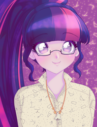 Size: 1300x1700 | Tagged: safe, artist:rileyav, sci-twi, twilight sparkle, human, equestria girls, g4, abstract background, blushing, breasts, busty sci-twi, clothes, cute, featured image, female, freckles, glasses, jewelry, looking at you, meganekko, necklace, ponytail, sci-twiabetes, solo, space shuttle, twiabetes