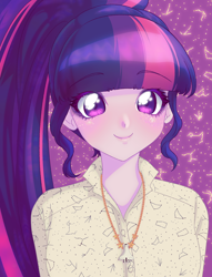 Size: 1300x1700 | Tagged: safe, alternate version, artist:rileyav, sci-twi, twilight sparkle, human, equestria girls, g4, abstract background, adorable face, clothes, cute, female, glasses off, jewelry, looking at you, necklace, solo, twiabetes