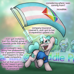 Size: 800x800 | Tagged: safe, artist:captainhoers, oc, oc only, oc:candy chip, pony, unicorn, the sunjackers, cyberpunk, female, mare, pride, pride flag, transgender pride flag