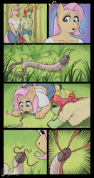 Size: 1130x2147 | Tagged: safe, artist:doggomeatball, fluttershy, tree hugger, earth pony, pegasus, tatzlwurm, worm, anthro, g4, bedroom eyes, belly button, breasts, busty fluttershy, busty tree hugger, clothes, comic, digital art, duo, female, pants, shirt, shorts, tail, this will not end well