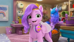 Size: 1240x716 | Tagged: safe, screencap, izzy moonbow, pipp petals, pegasus, pony, unicorn, g5, izzy does it, my little pony: make your mark, my little pony: make your mark chapter 2, spoiler:my little pony: make your mark chapter 2, female, headphones, mare