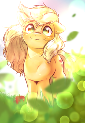 Size: 1152x1668 | Tagged: safe, artist:kurogewapony, applejack, earth pony, pony, g4, apple, cute, female, food, hatless, jackabetes, lens flare, looking at you, loose hair, mare, missing accessory, smiling, smiling at you, solo
