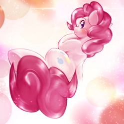Size: 1901x1906 | Tagged: safe, artist:kurogewapony, pinkie pie, earth pony, pony, g4, abstract background, blushing, cute, diapinkes, female, looking at you, looking back, looking back at you, mare, solo, underhoof