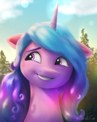 Size: 2000x2500 | Tagged: safe, artist:harukiicat, izzy moonbow, pony, unicorn, g5, my little pony: make your mark, my little pony: make your mark chapter 2, cute, female, grin, high res, horn, mare, shading, smiling, solo, worried, worried smile