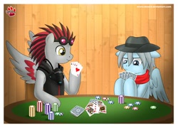 Size: 400x288 | Tagged: safe, artist:shinn3, oc, oc only, pegasus, pony, bandana, comic, cowboy hat, dexterous hooves, digital art, duo, goggles on head, hat, lowres, male, pegasus oc, poker, poker chips, spread wings, stallion, wings