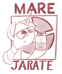 Size: 743x886 | Tagged: safe, artist:applepost67, twilight sparkle, pony, unicorn, g4, bust, female, hoof hold, jar, jarate, mare, monochrome, pee in container, simple background, smiling, solo, team fortress 2, text, twilight sniper, urine, white background