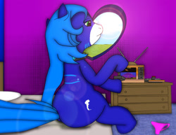 Size: 1068x824 | Tagged: safe, artist:annette62, oc, oc:annette (g1), oc:annette (lewdpone), earth pony, pony, g1, anus, atari, atari 2600, bed, bedroom, butt, choker, clothes, controller, female, focused, freckles, joystick, lens flare, nudity, panties, plot, sitting on bed, solo, stripes, television, underwear, window
