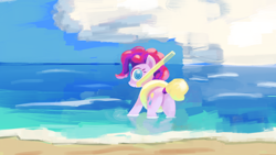 Size: 1080x608 | Tagged: artist needed, safe, pinkie pie, earth pony, pony, g4, beach, butt, cloud, cropped, hat, inflatable, looking at you, ocean, plot, sky, snorkel, solo, swimming, swimming cap, water