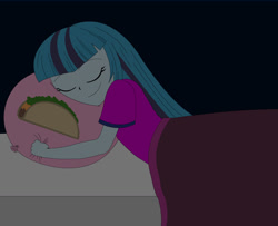 Size: 1280x1038 | Tagged: safe, artist:hakdurbin, sonata dusk, human, g4, adorasexy, balloon, blanket, clothes, cuddling, cute, food, humanized, pajamas, sexy, simple background, sleeping, smiling, taco, that pony sure does love balloons