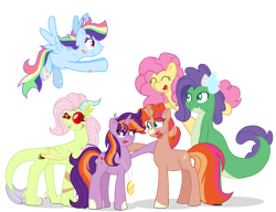 Size: 2884x2211 | Tagged: safe, artist:lindasaurie, li'l cheese, oc, oc:droplet, oc:ethan, oc:nebula trail, oc:sneaky stripes, oc:stellar supernova, dracony, earth pony, hybrid, pegasus, pony, unicorn, g4, eye clipping through hair, female, flying, group, high res, interspecies offspring, male, next generation, offspring, parent:discord, parent:fluttershy, parent:rainbow dash, parent:rarity, parent:soarin', parent:spike, parent:sunburst, parent:twilight sparkle, parents:discoshy, parents:soarindash, parents:sparity, parents:twiburst, siblings, simple background, transparent background