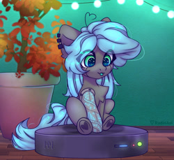 Size: 1280x1175 | Tagged: safe, artist:radioaxi, oc, oc only, earth pony, pony, :3, :p, ahoge, chest fluff, cybernetic arm, hoof heart, ponies riding roombas, potted plant, roomba, simple background, solo, tongue out, underhoof, upside-down hoof heart, white background