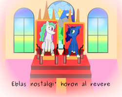 Size: 2000x1603 | Tagged: safe, artist:timcryt, princess celestia, princess luna, pony, g4, carpet, esperanto, looking at each other, looking at someone, throne