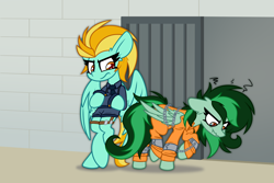 Size: 3000x2000 | Tagged: safe, artist:nekro-led, lightning dust, oc, oc:eden shallowleaf, pegasus, pony, g4, alternate versions at source, bound wings, cell, clothes, cuffs, frustrated, grumpy, high res, jail, jail cell, jumpsuit, officer, officer ld, pegasus oc, prison, prison outfit, scrunchy face, shackles, wings