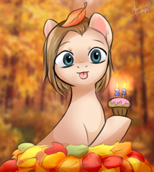 Size: 972x1086 | Tagged: safe, alternate version, artist:megabait, oc, oc only, oc:lana, earth pony, :p, autumn, birthday, cake, food, forest, leaves, leaves in hair, muffin, short hair, tongue out