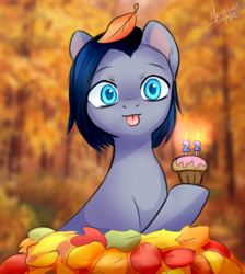 Size: 972x1086 | Tagged: safe, alternate version, artist:lina, oc, oc only, oc:lina, oc:lina firesoul, earth pony, pony, :p, autumn, blue eyes, forest, leaves, leaves in hair, short hair, solo, tongue out