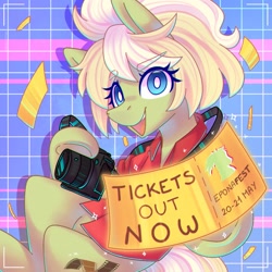 Size: 1080x1080 | Tagged: safe, artist:wavecipher, oc, oc only, oc:milli, earth pony, pony, camera, clothes, earth pony oc, eponafest, female, jacket, looking at you, mare, mascot, ponytail, smiling, smiling at you, solo, ticket