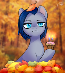 Size: 972x1086 | Tagged: safe, artist:lina, oc, oc only, oc:lina, oc:lina firesoul, earth pony, pony, autumn, birthday, blue eyes, bobcut, cake, food, forest, frown, haircut, leaves, muffin, sadness, short hair, solo