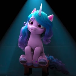 Size: 788x788 | Tagged: safe, screencap, izzy moonbow, pony, unicorn, g5, hoof done it?, my little pony: make your mark, my little pony: make your mark chapter 2, bathroom, bracelet, crystal brighthouse, female, friendship bracelet, indoors, jewelry, mare, sitting, solo, stool