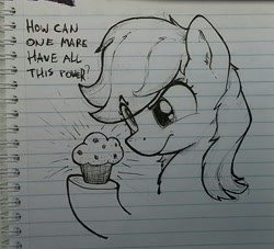 Size: 1187x1080 | Tagged: safe, artist:whiskeypanda, derpy hooves, pegasus, pony, g4, bust, contemplating, focused, food, frown, hoof hold, ink, ink drawing, lined paper, muffin, silly, solo, text, traditional art