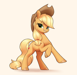Size: 2964x2910 | Tagged: safe, artist:aquaticvibes, applejack, earth pony, pony, g4, applejack's hat, cowboy hat, female, grin, hat, high res, looking at you, mare, raised hoof, rearing, simple background, smiling, solo