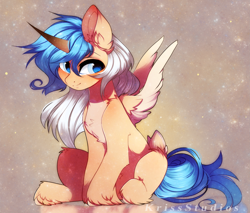 Size: 3021x2579 | Tagged: safe, artist:krissstudios, oc, oc only, alicorn, pony, alicorn oc, blue tail, chest fluff, curved horn, female, high res, horn, mare, pale belly, sitting, smiling, solo, spread wings, tail, two toned mane, unshorn fetlocks, wings