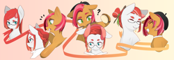Size: 4163x1447 | Tagged: safe, artist:sugarelement, babs seed, oc, oc:red cherry, earth pony, pony, g4, beret, hair bun, hat, mouth hold, smiling