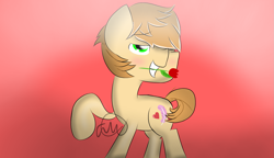 Size: 1735x1000 | Tagged: safe, artist:girlduog, feather bangs, earth pony, pony, g4, blushing, flower, flower in mouth, looking at you, male, mouth hold, one eye closed, raised hoof, smiling, solo, stallion, wink, winking at you
