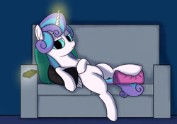 Size: 2048x1444 | Tagged: safe, artist:suryfromheaven, princess flurry heart, alicorn, pony, g4, bored, brat, couch, female, folded wings, glowing, glowing horn, horn, lazy, mare, older, older flurry heart, pillow, raised leg, sleepy, solo, watching tv, wings